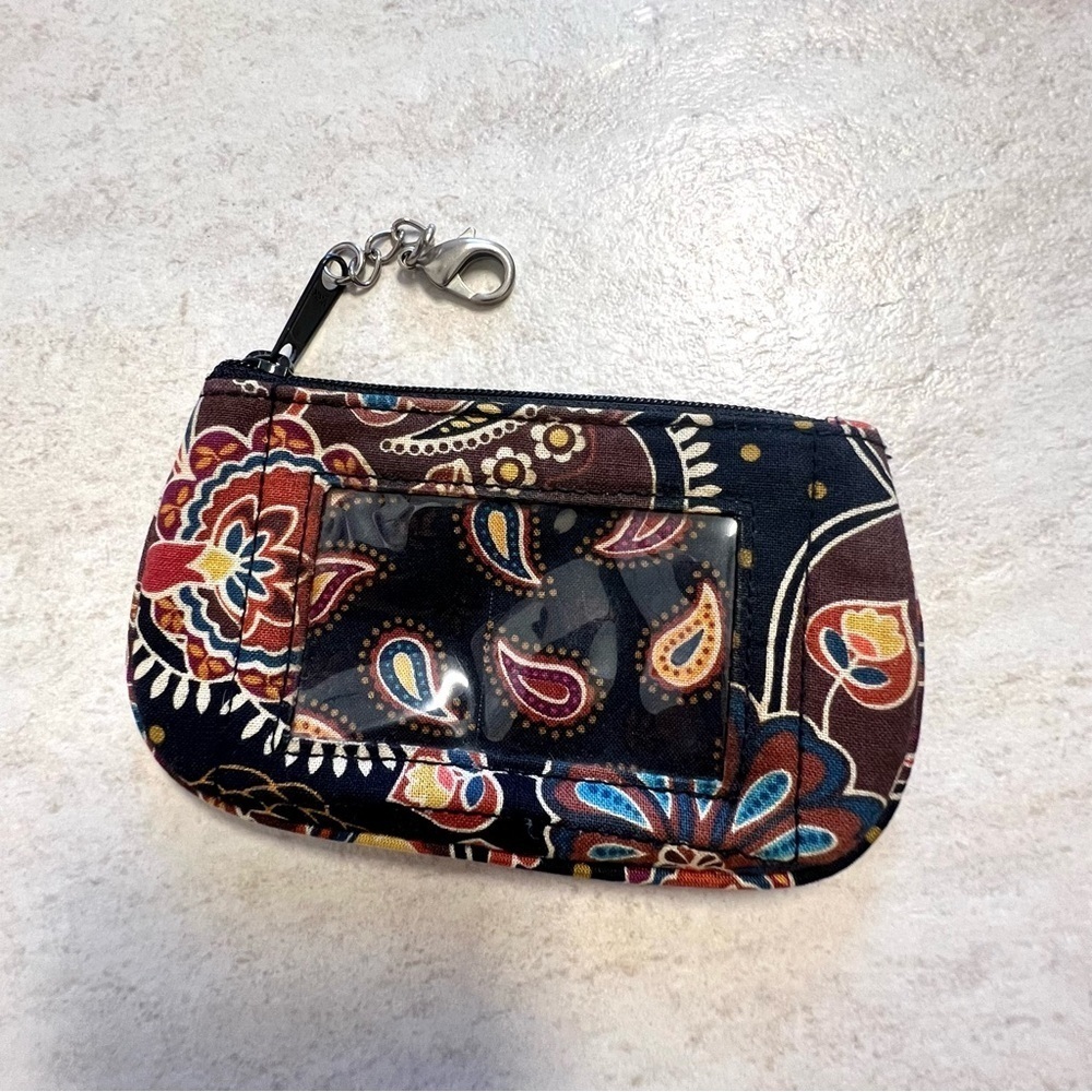 Vera Bradley KENSINGTON Black Brown Floral  Coin Purse Pouch Zip ID Clip Case - Picture 2 of 3